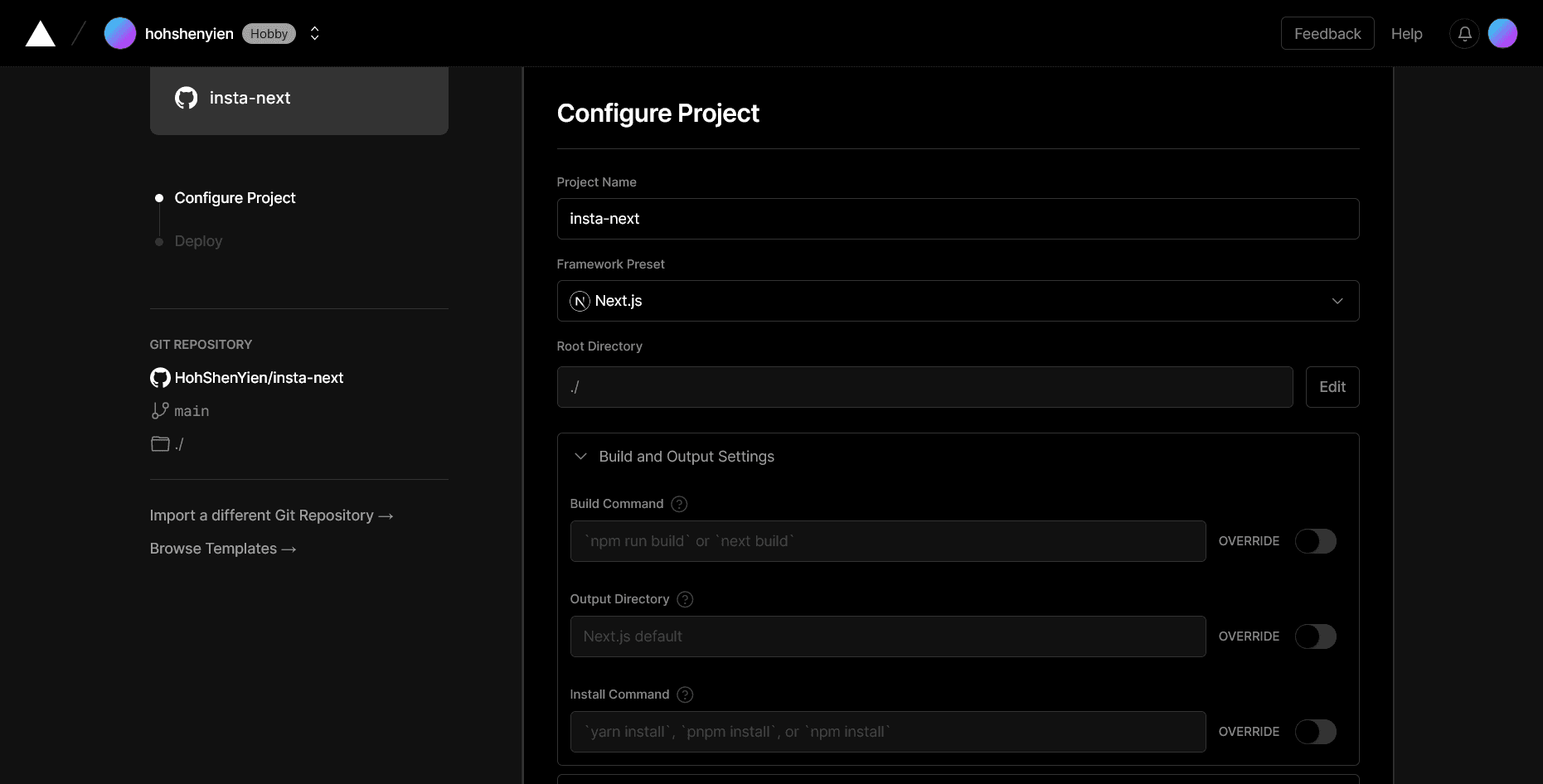 Configuring Vercel Project