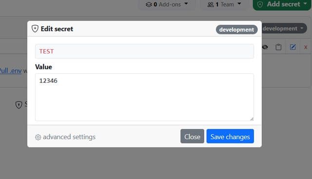 Screenshot of editing secret on dotenv