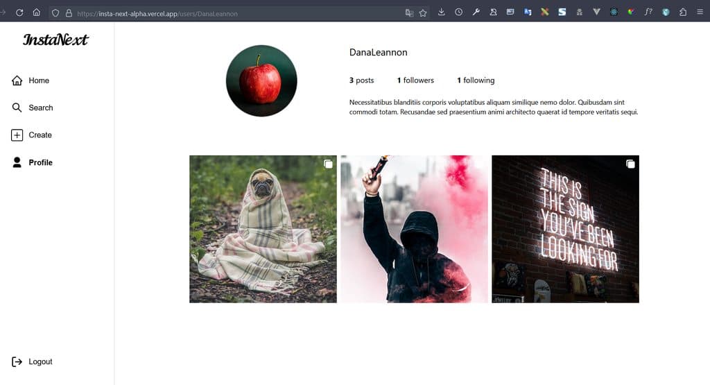 Screenshot of InstaNext on Vercel