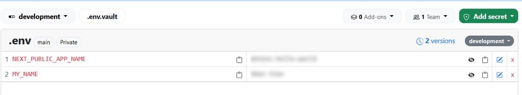 Screenshot of secrets on dotenv