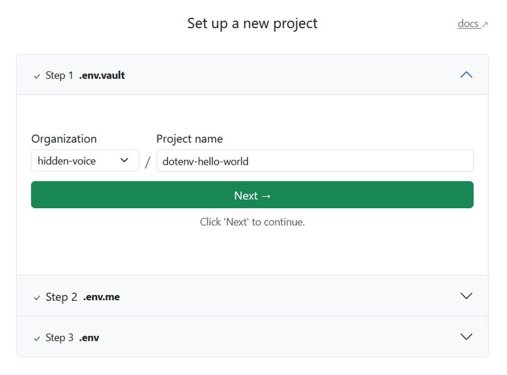 Screenshot of new project in dotenv