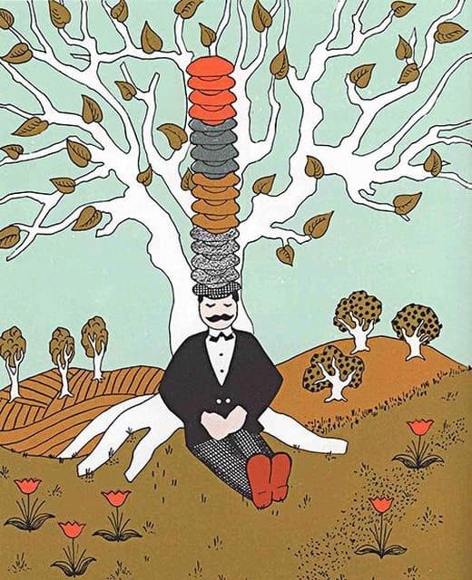 A man wearing many hats