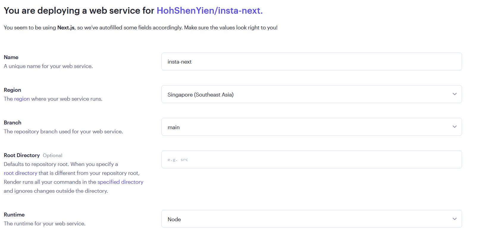 Setting up deployment options on Render