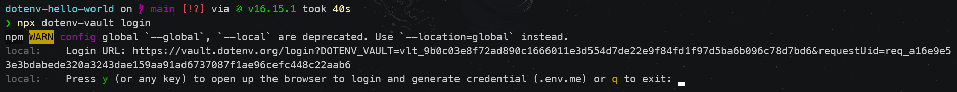 Screenshot of my terminal to login dotenv
