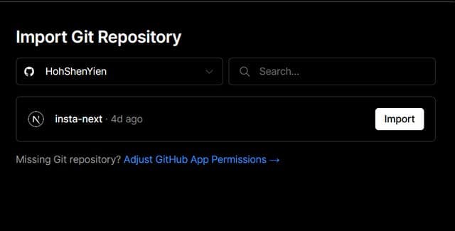 Importing Git repository into Vercel