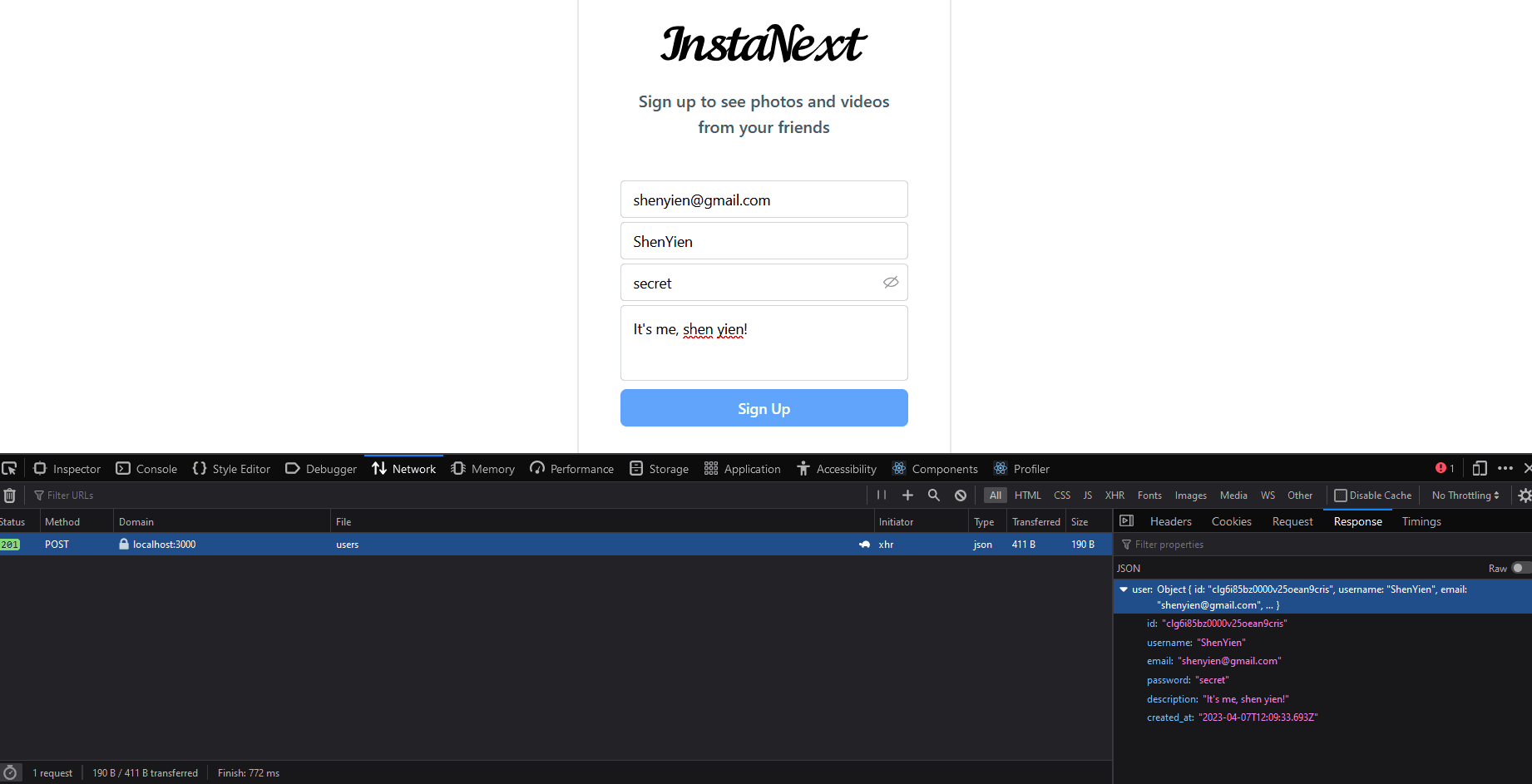 POST request sent from frontend
